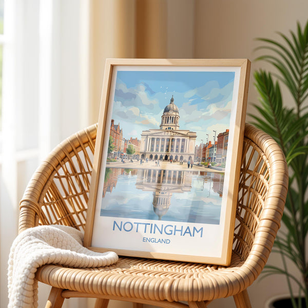 Nottingham Travel Poster, Exchange Building Wall Art, Old Market Square Print, Nottingham City Illustration, UK City Decor, Nottingham Gift