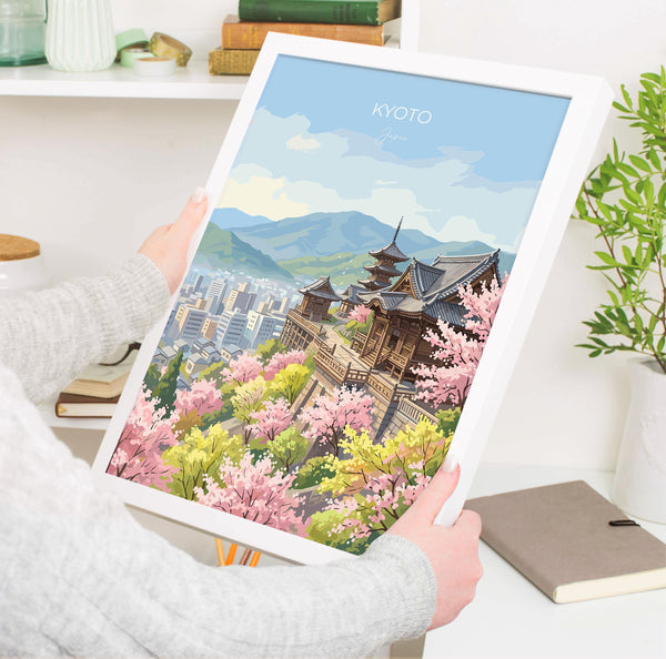 Kyoto Japan Travel Print, Cherry Blossom Temple Wall Art, Japanese Landscape Poster, Sakura Illustration, Asia Decor, Kyoto Gift