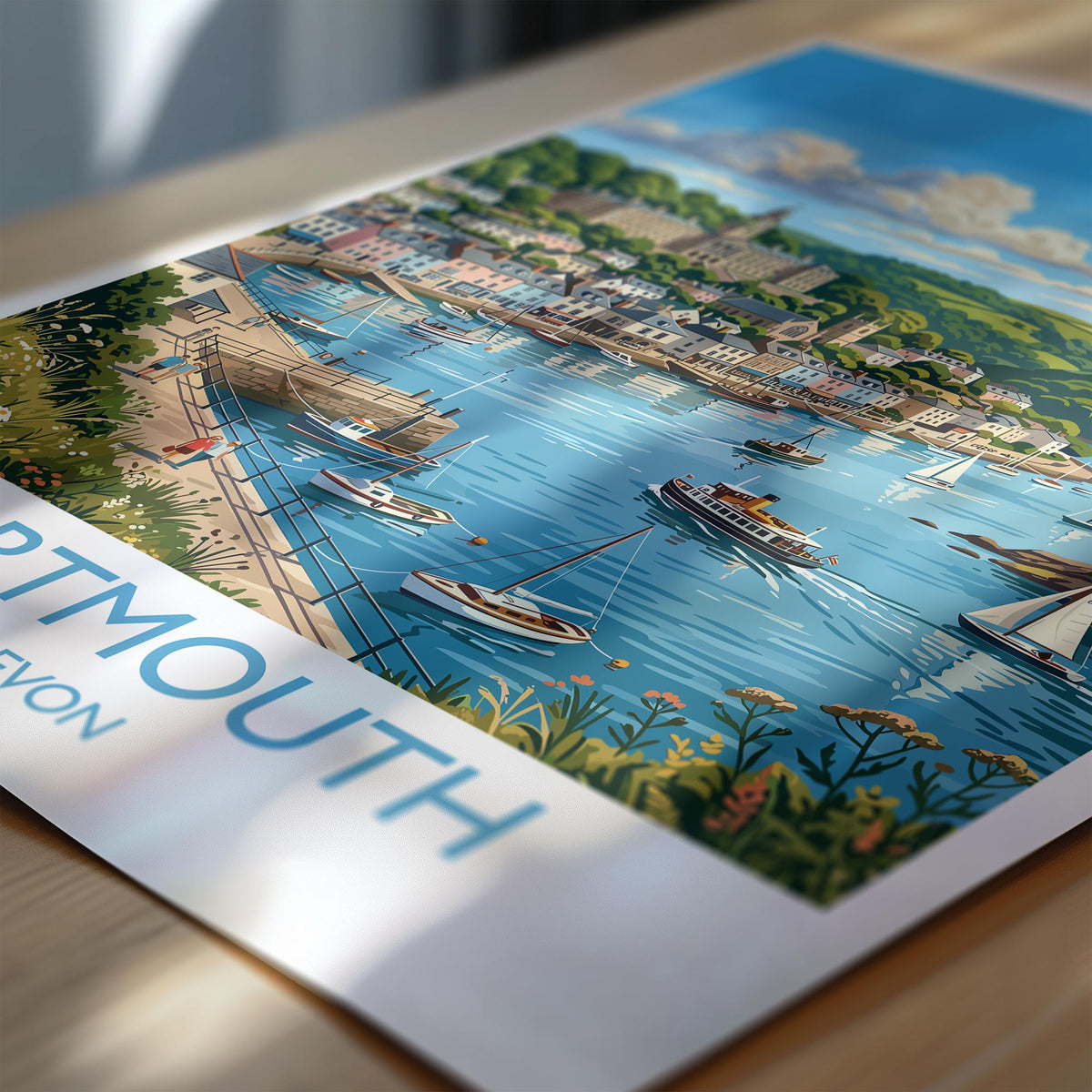 Dartmouth Print, Devon Travel Poster with White Border, River Dart Wall Art, Britannia Royal Naval College Print, Devon Coastal Gift