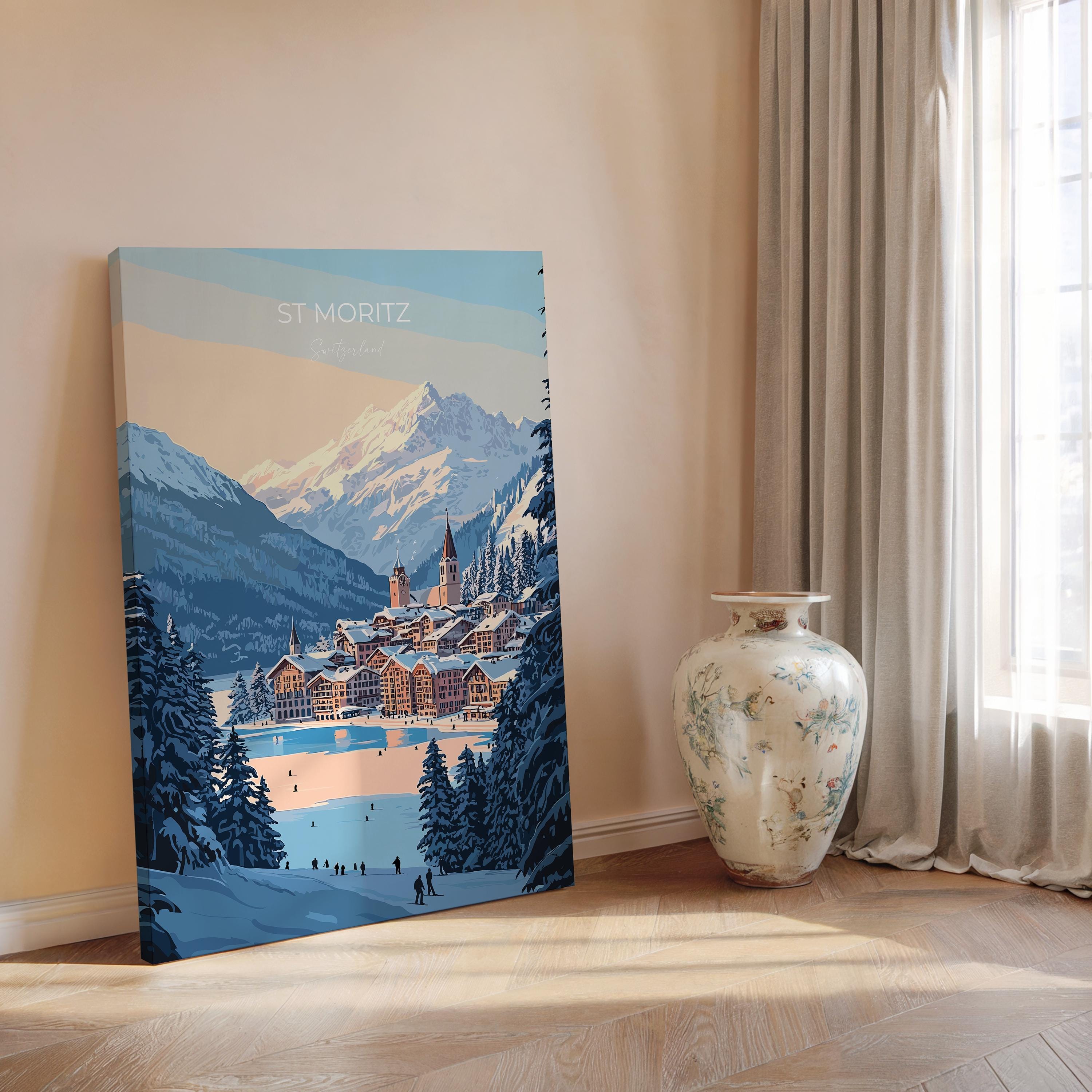 St Moritz Wall Art Travel Poster, Travel Print of St Moritz, Ski Poster, Switzerland Alps Art Travel Lovers Gift NQ Media Designs