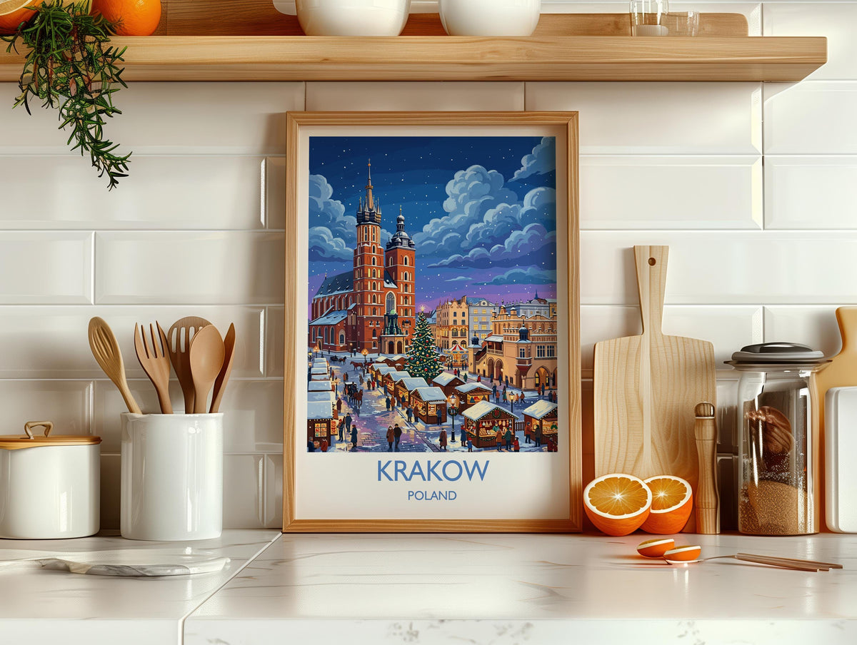 Krakow Christmas Market Print, Poland Winter Wall Art with Border, St Mary’s Basilica Poster, Festive Travel Print, Krakow Gift