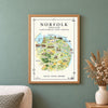 Norfolk Illustrated Map Print, England Wall Art, Norfolk Broads Map Poster, Framed or Canvas Print, Norfolk Gift
