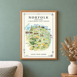 Norfolk Illustrated Map Print, England Wall Art, Norfolk Broads Map Poster, Framed or Canvas Print, Norfolk Gift