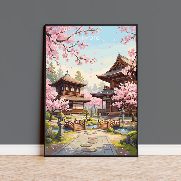 Kyoto Japan Travel Print, Cherry Blossom Temple Wall Art, Japanese Landscape Poster, Sakura Illustration, Asia Decor, Kyoto Gift