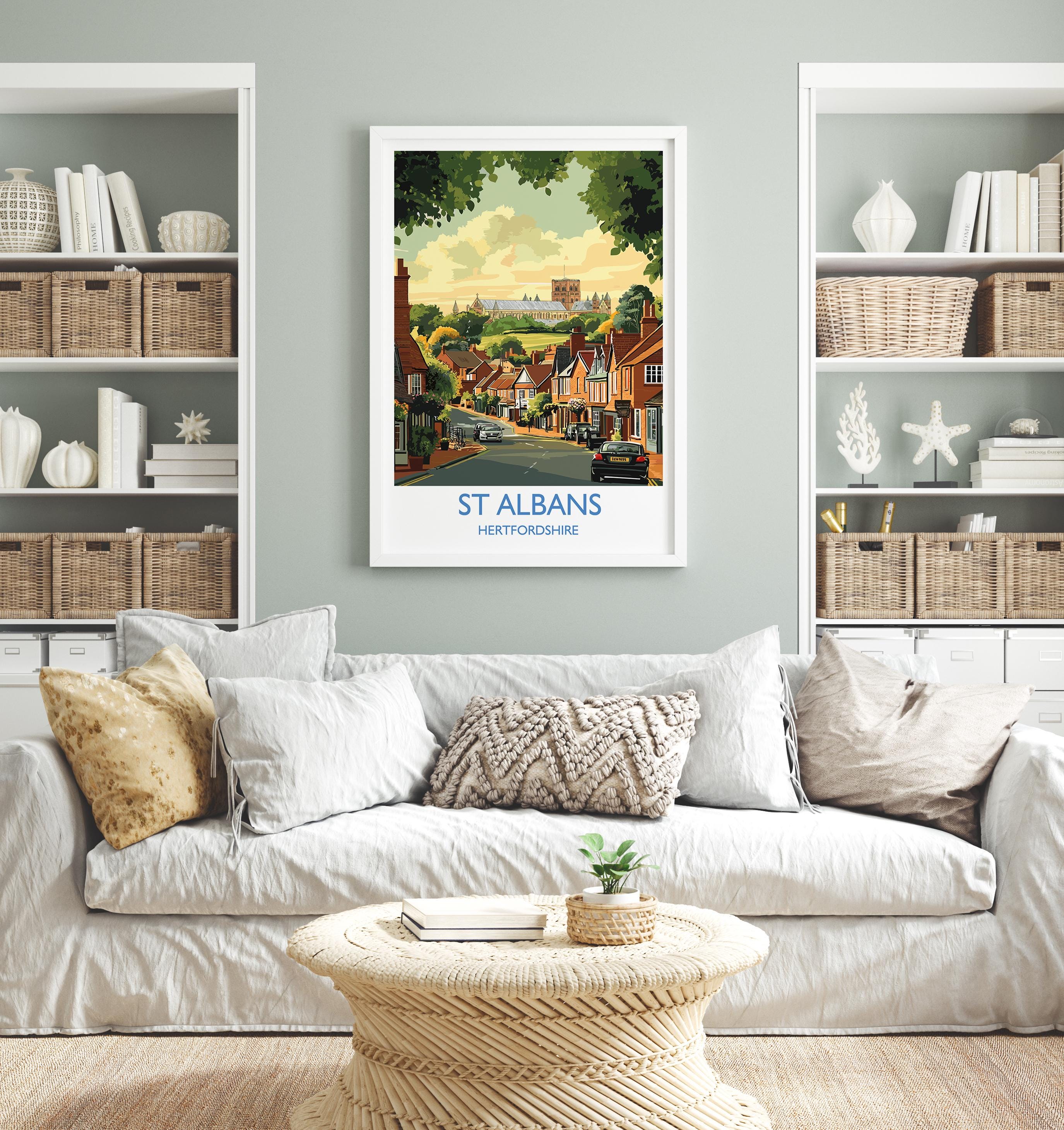 St Albans Travel Poster Wall Art, Travel Print of St Albans, Hertfordshire, England, English Cathedral City Gift NQ Media Designs