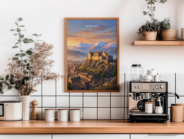 Stirling Castle Scotland Travel Print, Scottish Highlands Wall Art, Stirling Sunset Landscape Poster, Historic Castle Illustration, UK Decor
