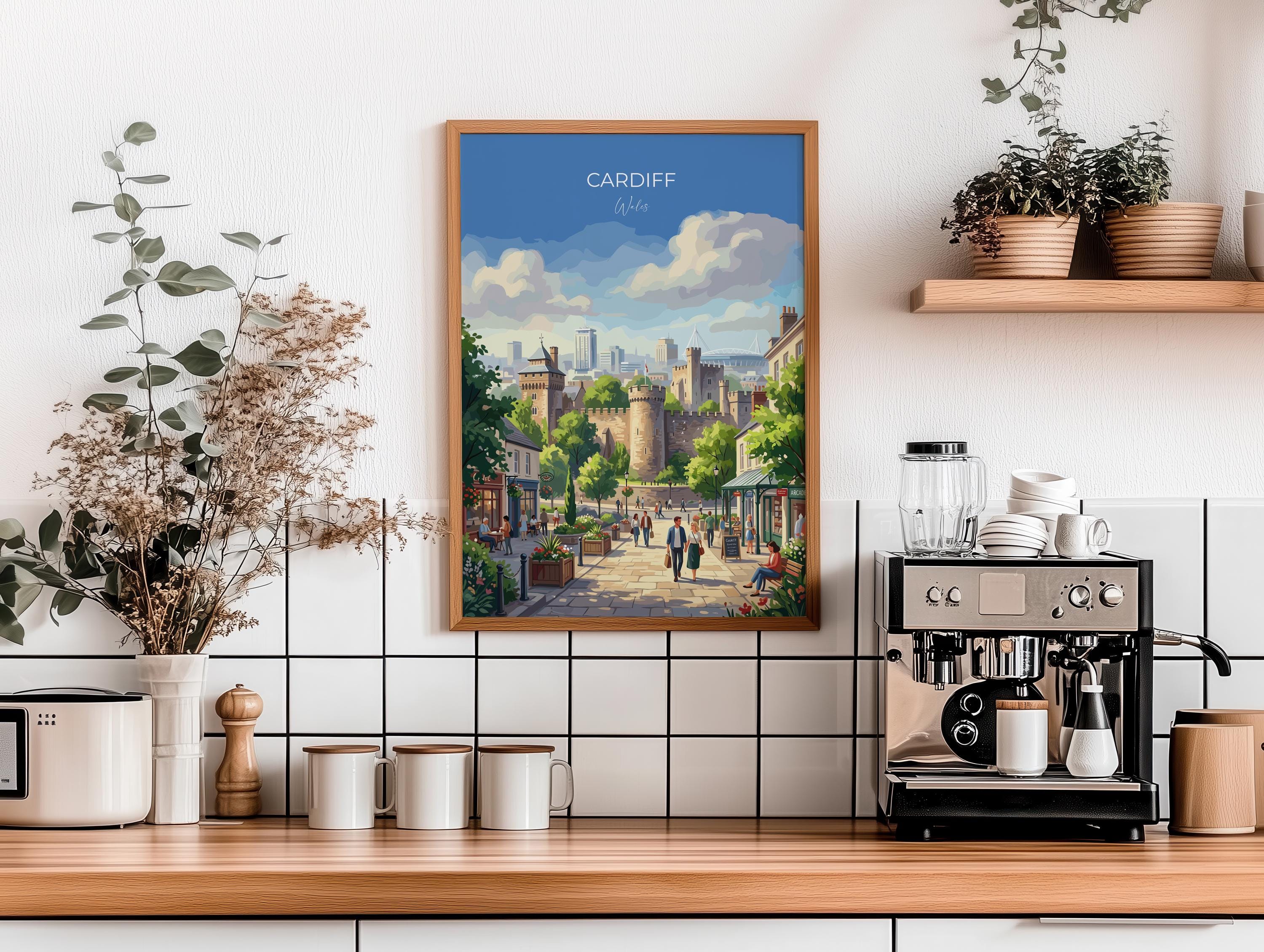 Cardiff Wales Travel Print, Cardiff City Wall Art, Cardiff Castle Poster, Welsh Capital Illustration, Vintage Style UK City, Wales Gift NQ Media Designs