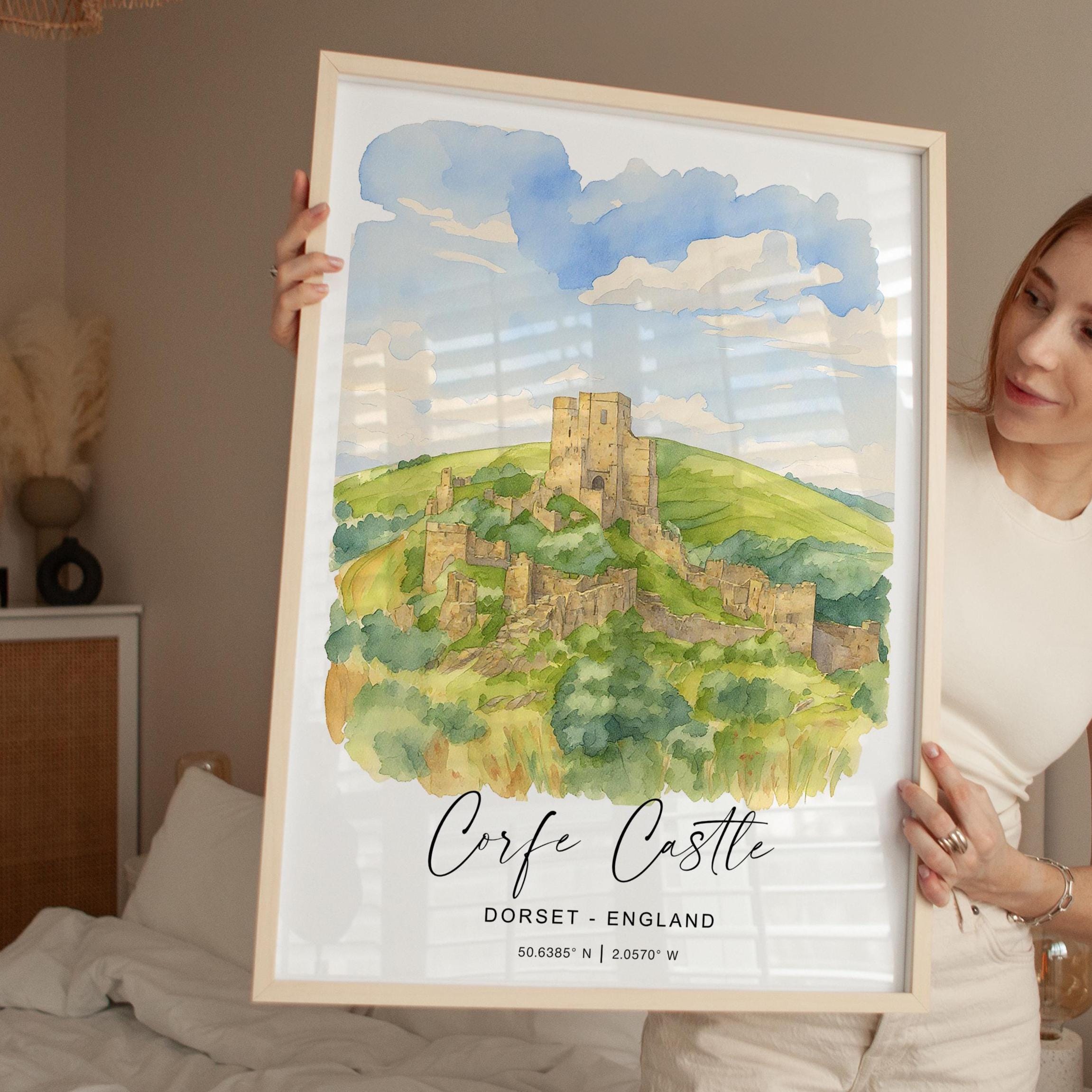 Corfe Castle Travel Print, Travel Poster of Corfe Castle, England, Corfe Castle Gift, Dorset Watercolour Gift, Wall Art Print NQ Media Designs