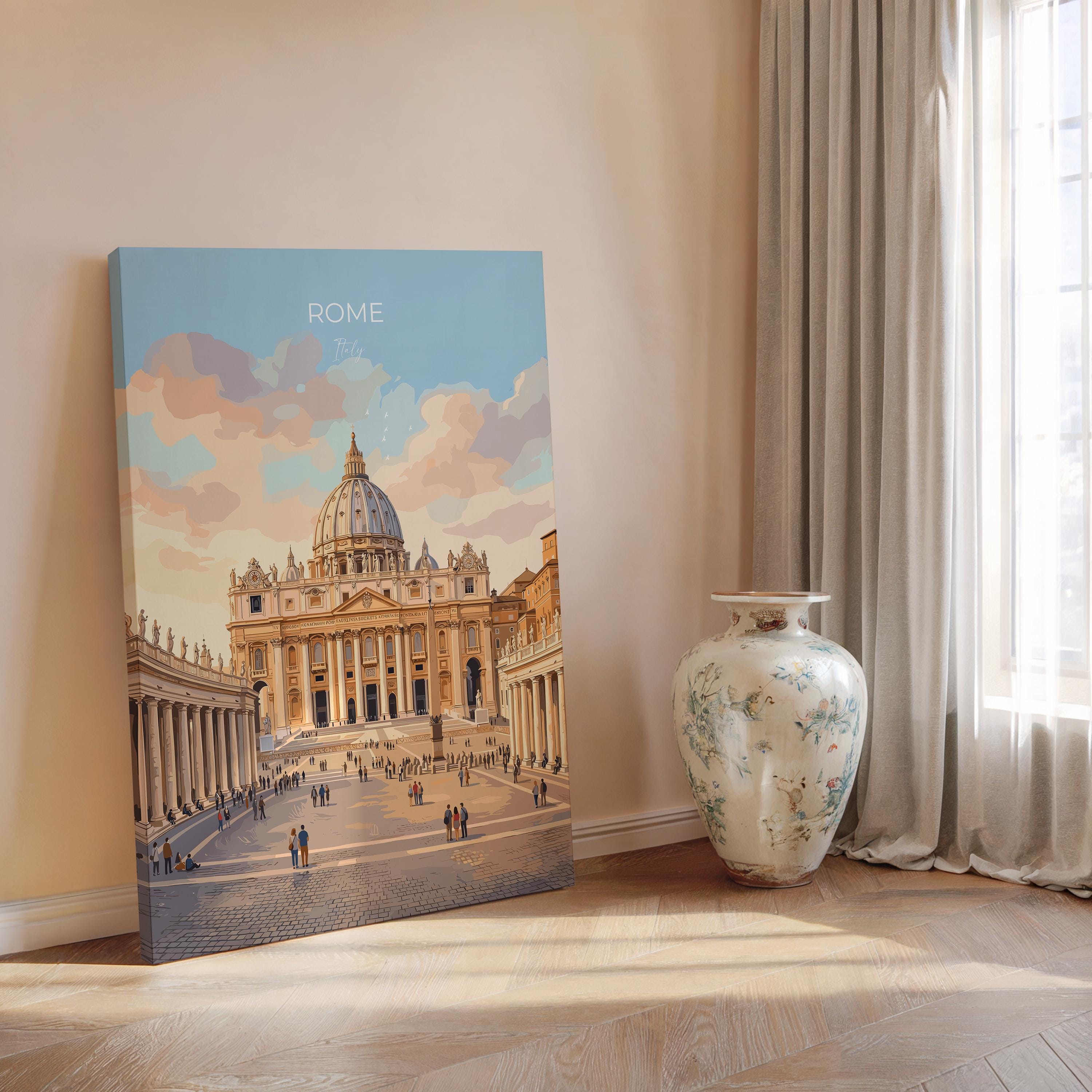 Rome St Peters Basilica Travel Print, Vatican Skyline Wall Art, Tiber River View Poster, Historic Cityscape Illustration, Italy Decor