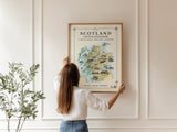 Scotland Illustrated Map Print, UK Wall Art, Highlands Map Poster, Framed or Canvas Print, Scotland Gift Print