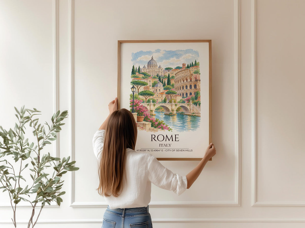 Rome Italy Watercolour Print, Colosseum Wall Art, St Peter's Basilica Poster, Tiber River Print, Italian Coordinates Print