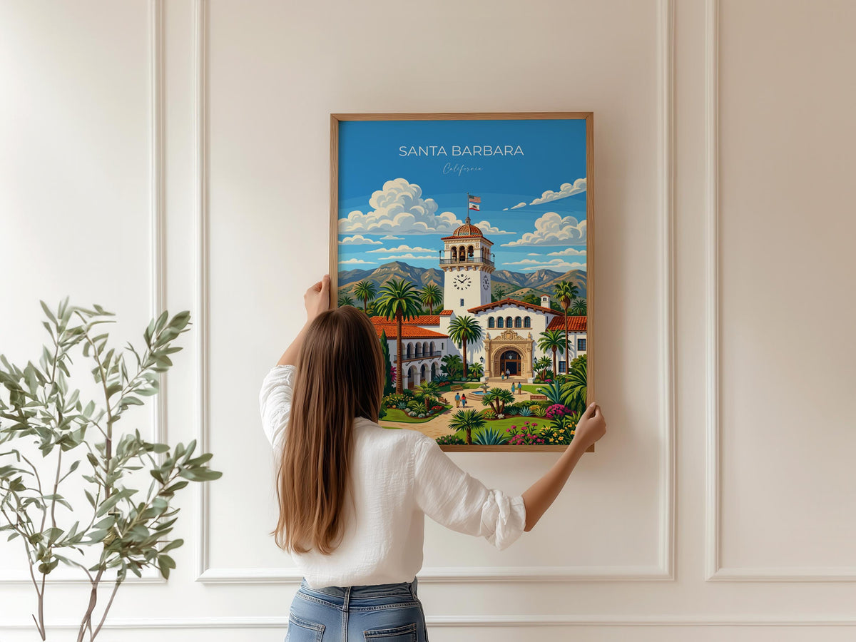Santa Barbara Travel Poster, California Wall Art, Santa Barbara Courthouse Print, Spanish Colonial Architecture Poster, California Gift