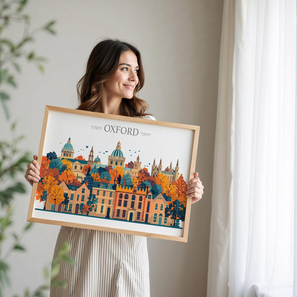 Oxford Travel Poster Skyline Wall Art Landscape, Travel Print of Oxford, Oxford Art Lovers Gift, England Horizontal Art Gift