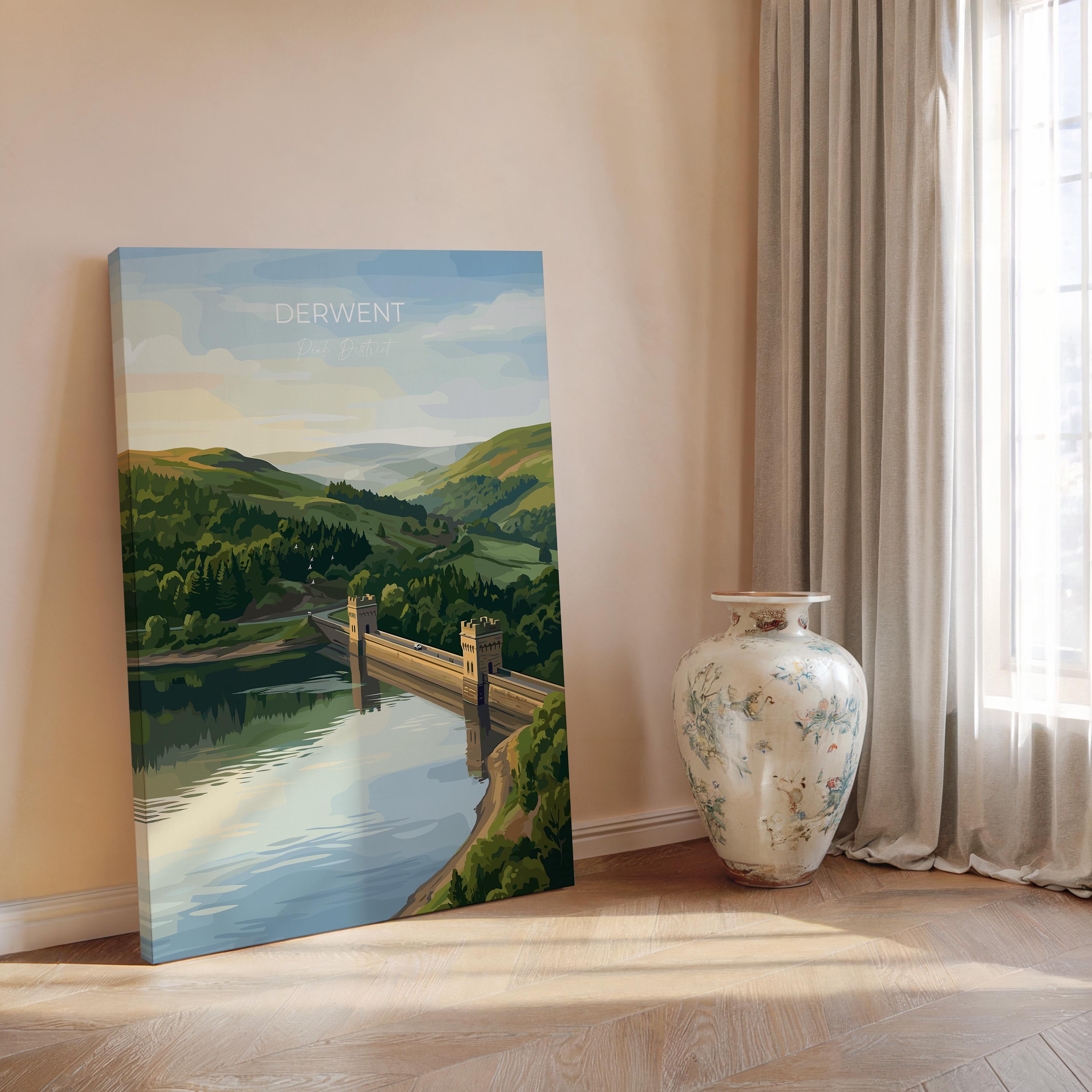 Derwent Reservoir Dam Travel Print, Peak District Wall Art, Ladybower Dam Poster, Derbyshire Landscape Illustration, UK Nature Decor NQ Media Designs