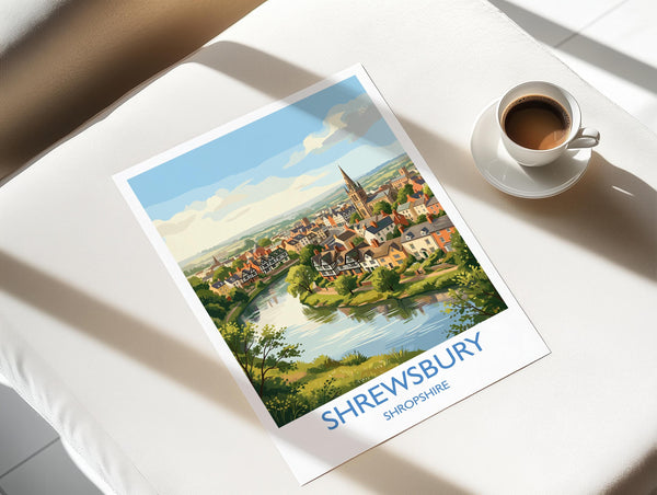 Shrewsbury Travel Poster, River Severn Wall Art, Shrewsbury Town Print, Historic Church Illustration, Shropshire Landscape, UK Decor