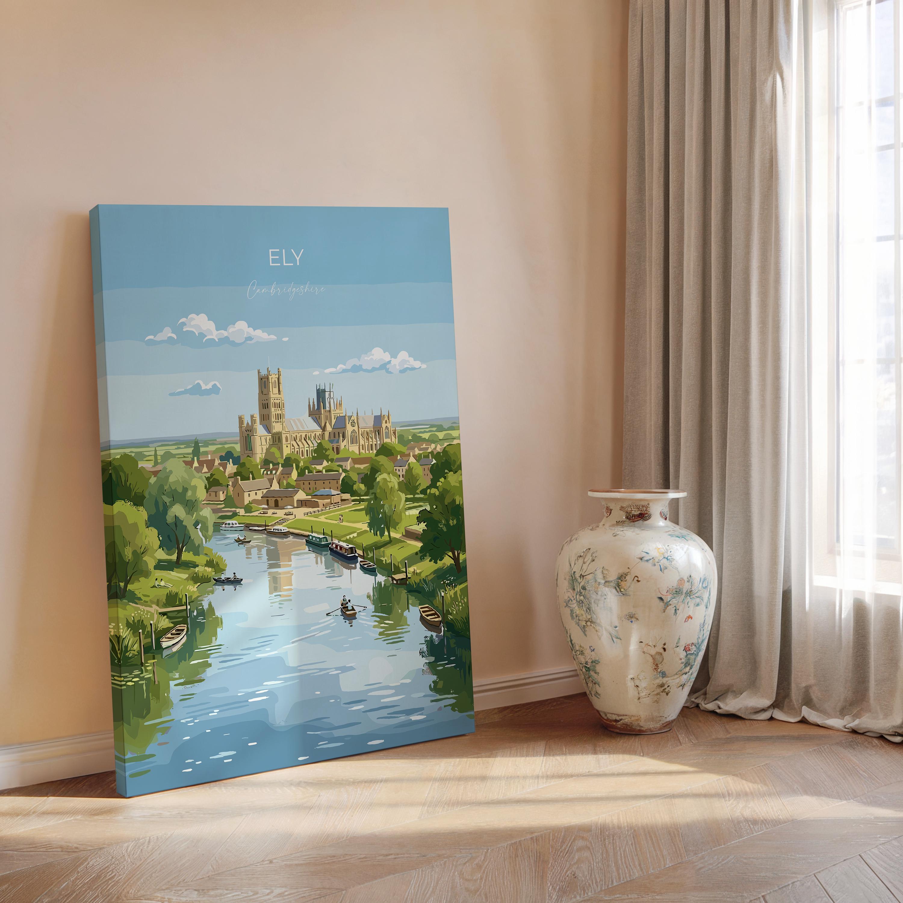Ely Cathedral Travel Poster, Ely Cambridgeshire Wall Art, Historic England City Print, Gothic Cathedral Illustration, UK Decor, Ely Gift
