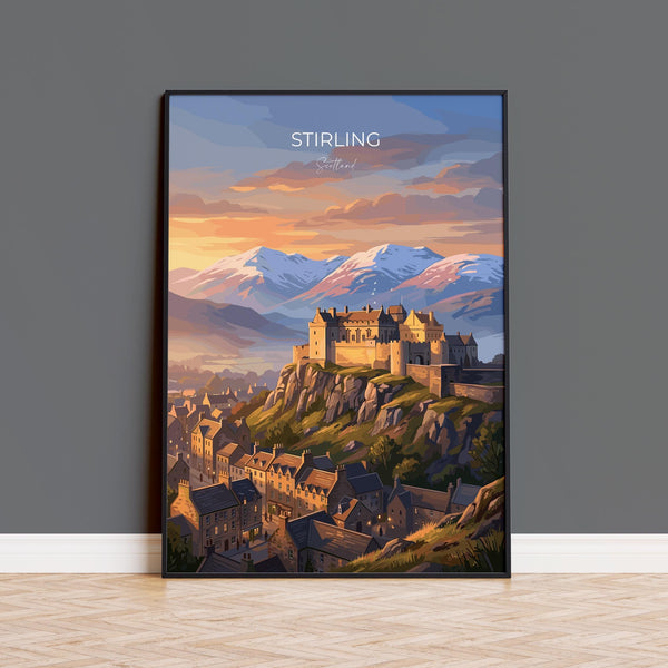 Stirling Castle Scotland Travel Print, Scottish Highlands Wall Art, Stirling Sunset Landscape Poster, Historic Castle Illustration, UK Decor