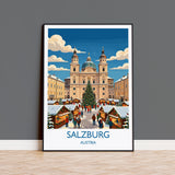 Salzburg Christmas Market Print, Austria Winter Wall Art with Border, Salzburg Cathedral Poster, Austrian Travel Print, Salzburg Gift