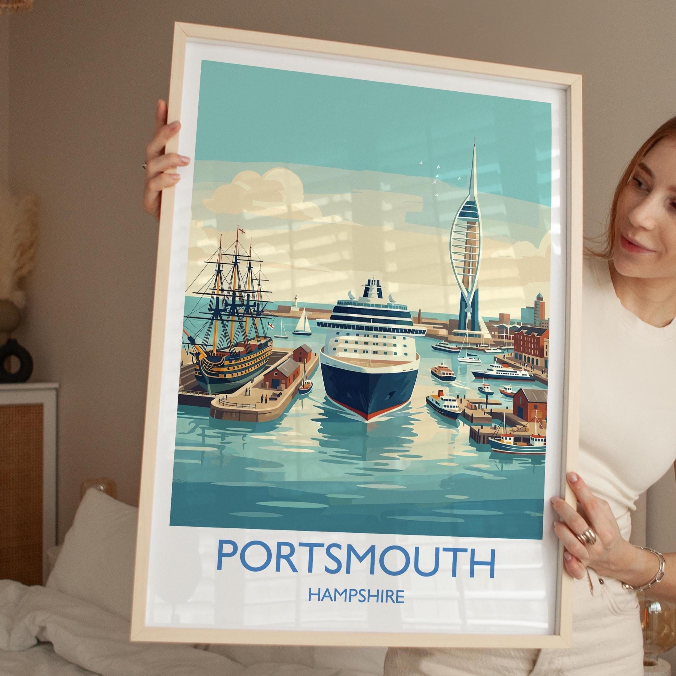 Portsmouth Travel Poster Print, Southsea & Spinnaker Tower Wall Art, Hampshire Coastal City Illustration, UK Travel Decor, Seaside Gift NQ Media Designs