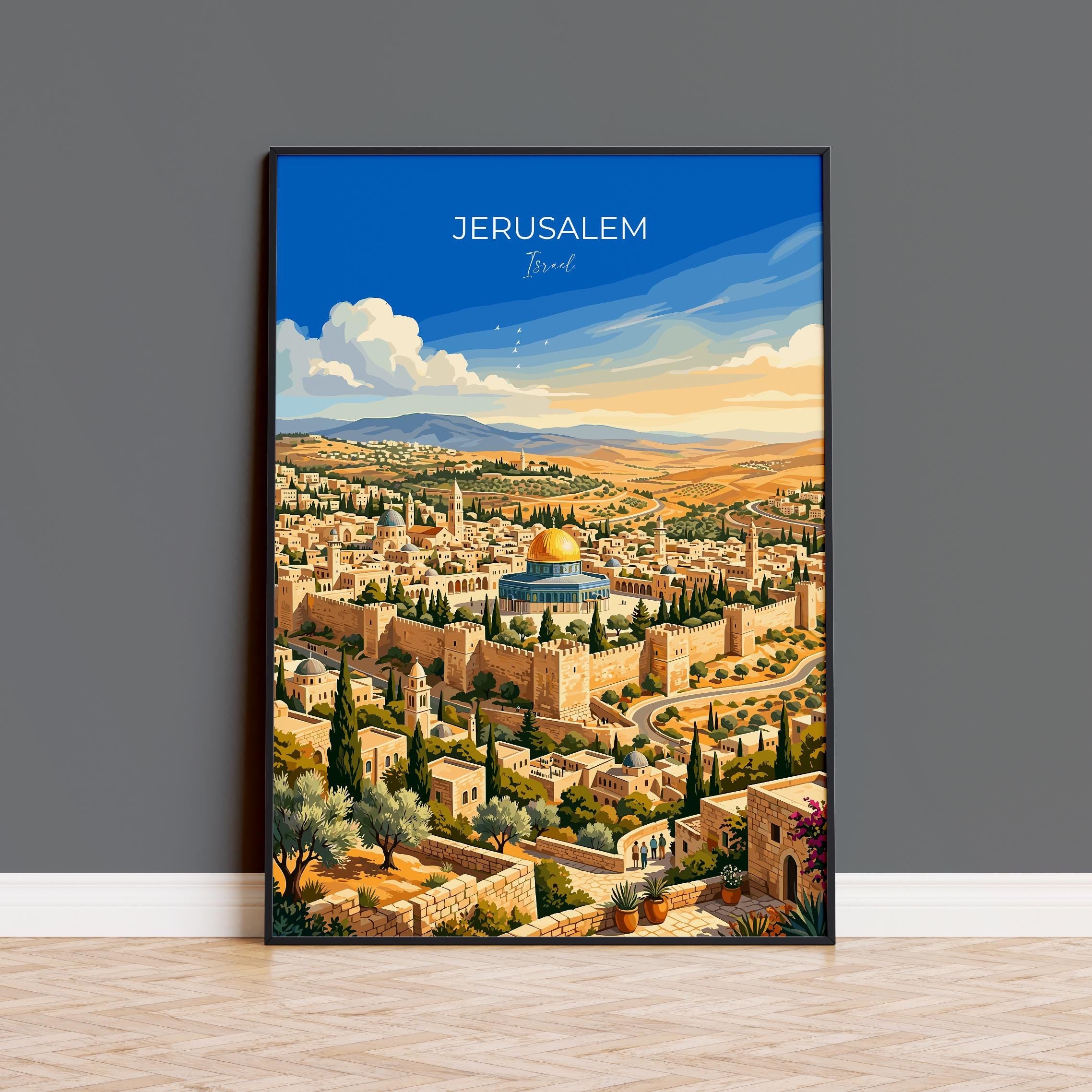 Jerusalem Israel Travel Print, Old City Wall Art, Dome of the Rock Poster, Jerusalem Skyline Illustration, Historic Middle East Decor