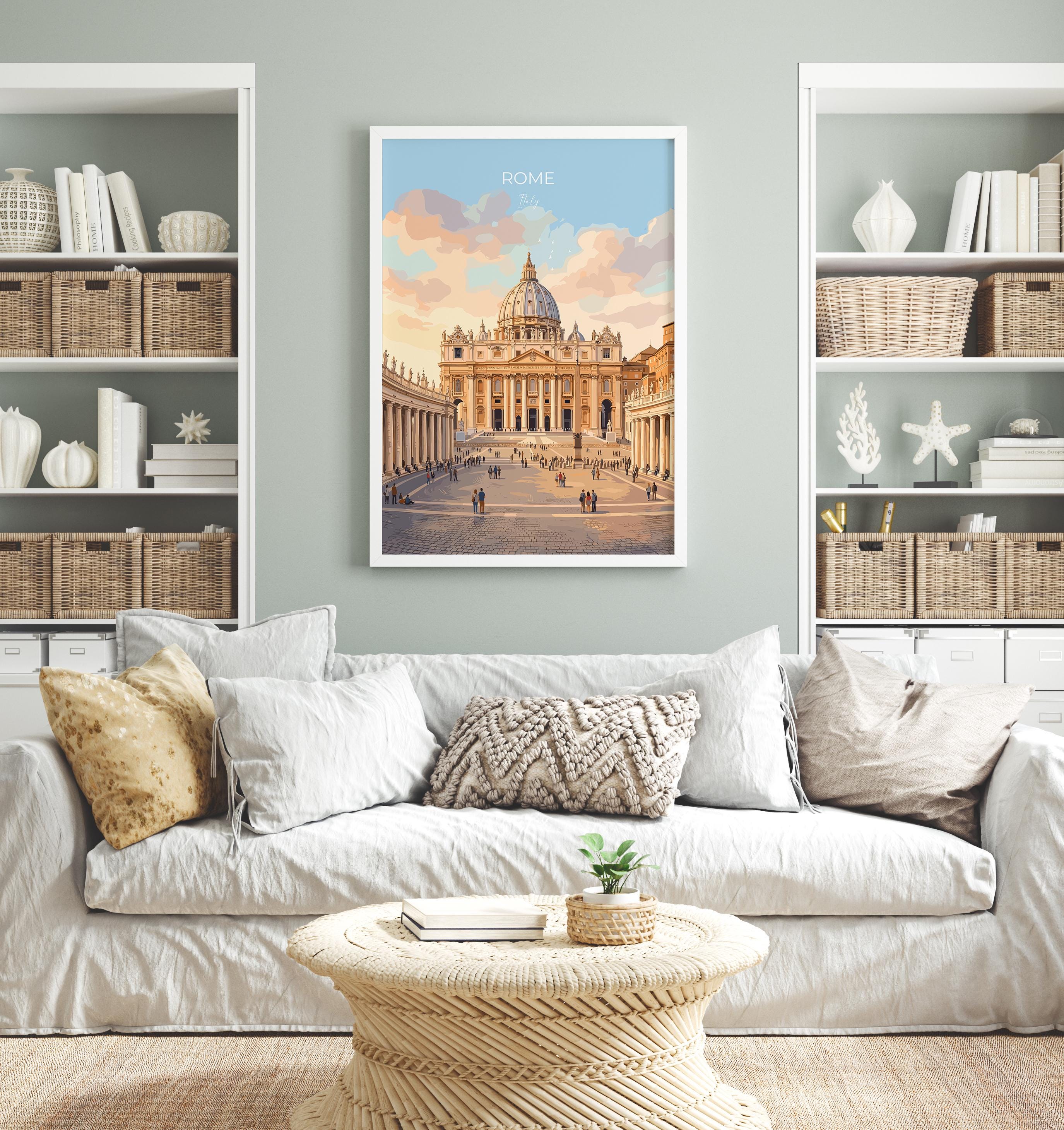Rome St Peters Basilica Travel Print, Vatican Skyline Wall Art, Tiber River View Poster, Historic Cityscape Illustration, Italy Decor
