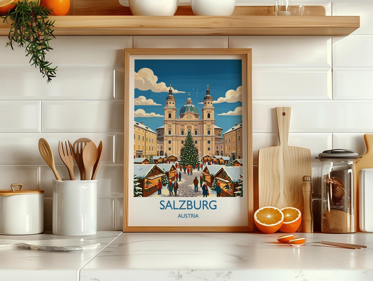 Salzburg Christmas Market Print, Austria Winter Wall Art with Border, Salzburg Cathedral Poster, Austrian Travel Print, Salzburg Gift