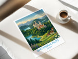 Bavarian Alps Travel Poster, Neuschwanstein Castle Wall Art, Bavaria Germany Print, Alpine Mountain Landscape Illustration, Europe Decor