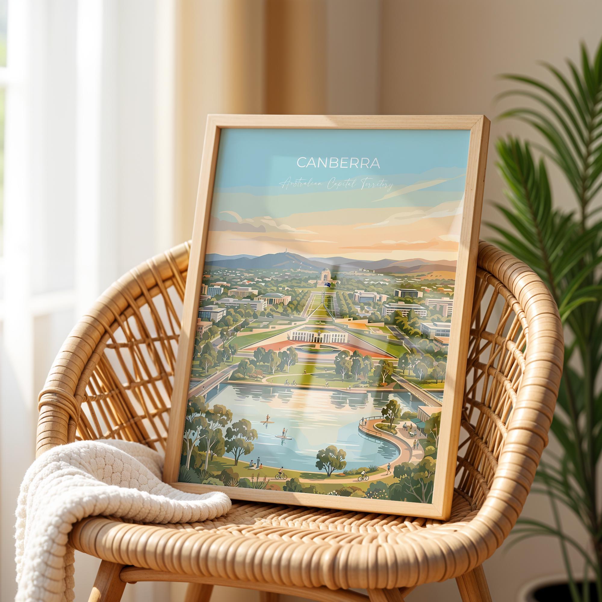 Canberra Australia Travel Poster, Parliament House Wall Art, Australian Capital City Print, Lake Burley Griffin Illustration, Australia Art