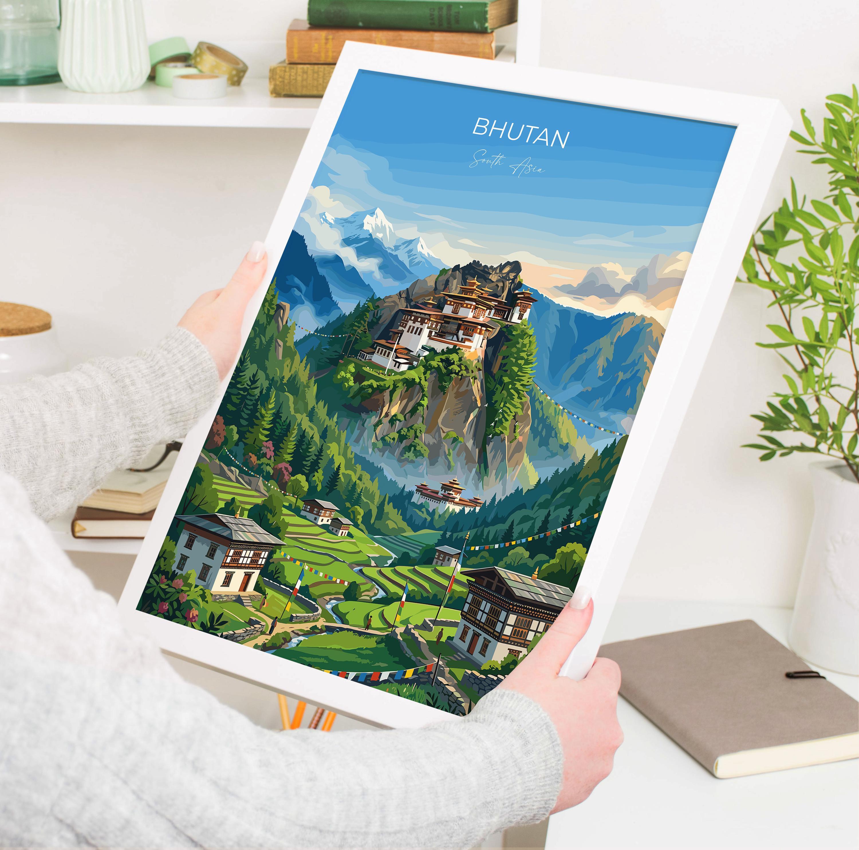 Bhutan South Asia Travel Print Himalayan Mountains Wall Art, Tiger's Nest Monastery Poster, Bhutan Landscape, Vintage Travel Poster