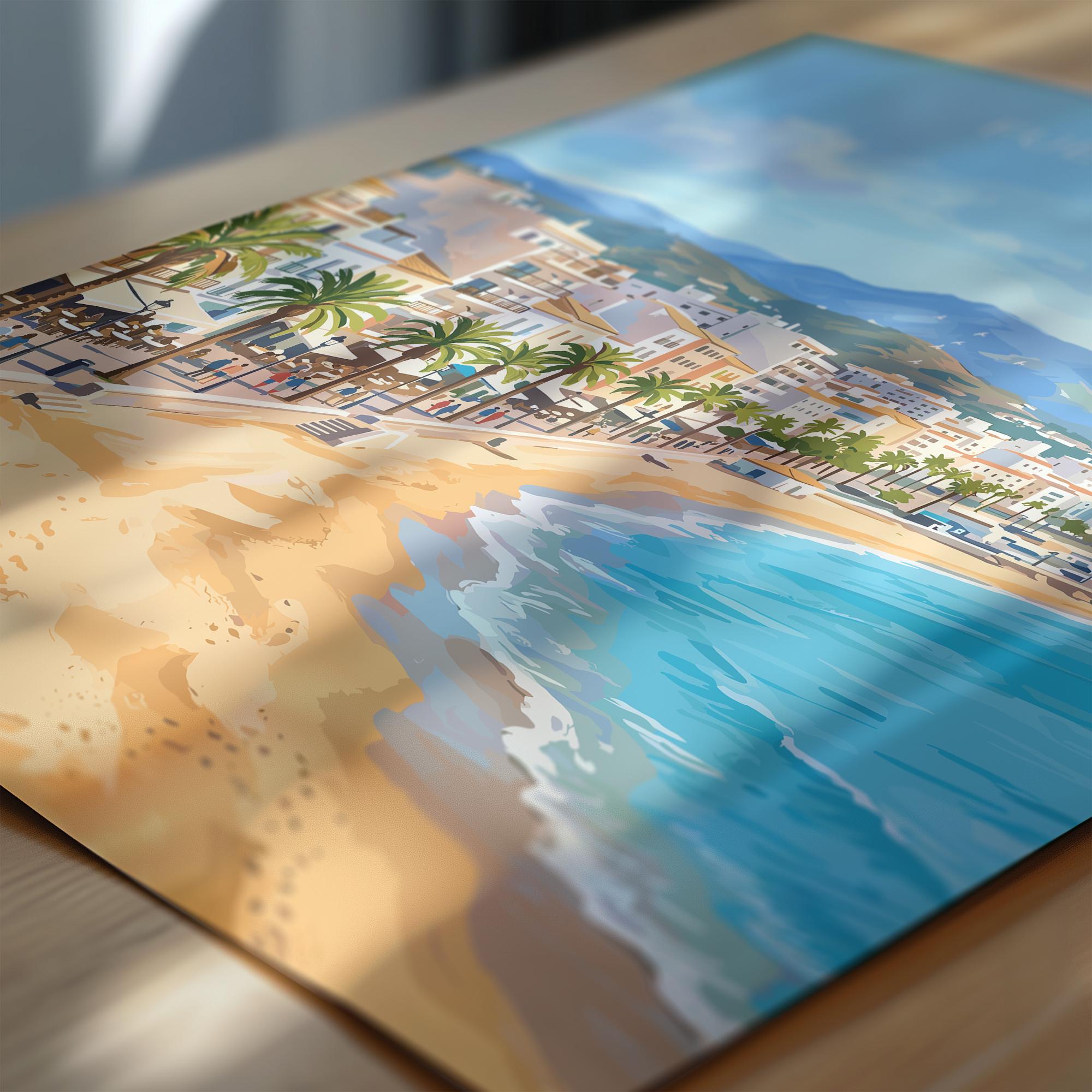 Fuengirola Spain Travel Print, Costa del Sol Beach Wall Art, Seaside Promenade Poster, Spanish Coastal Illustration, Holiday Decor