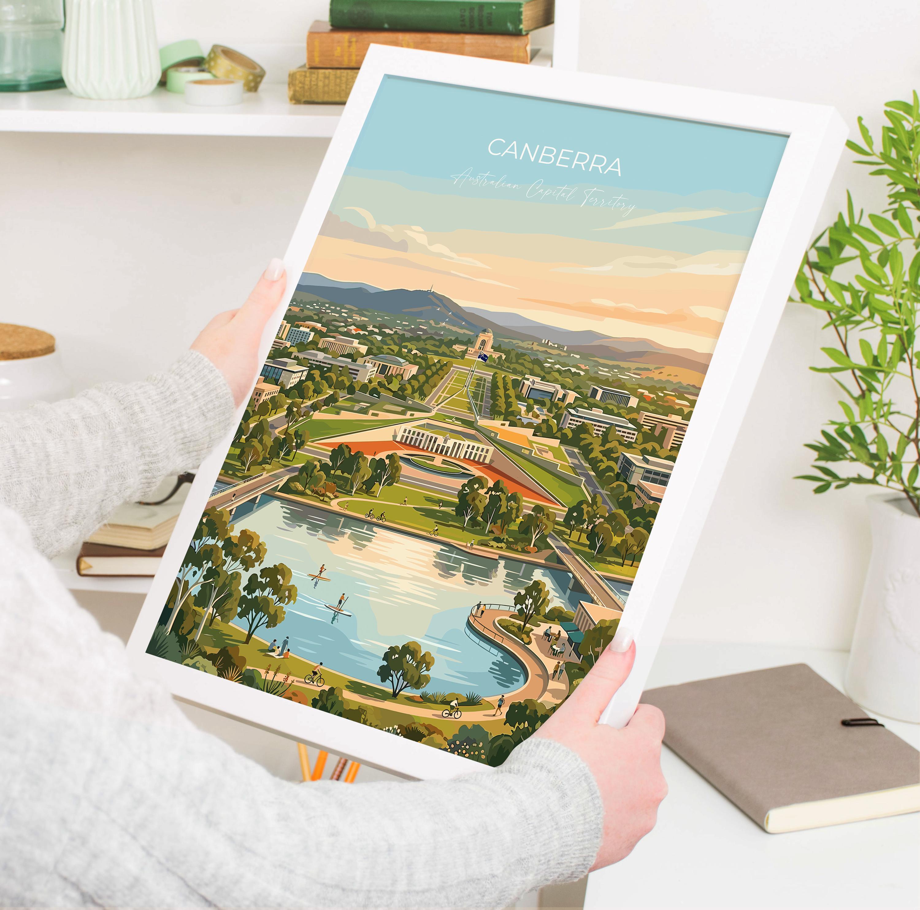 Canberra Australia Travel Poster, Parliament House Wall Art, Australian Capital City Print, Lake Burley Griffin Illustration, Australia Art