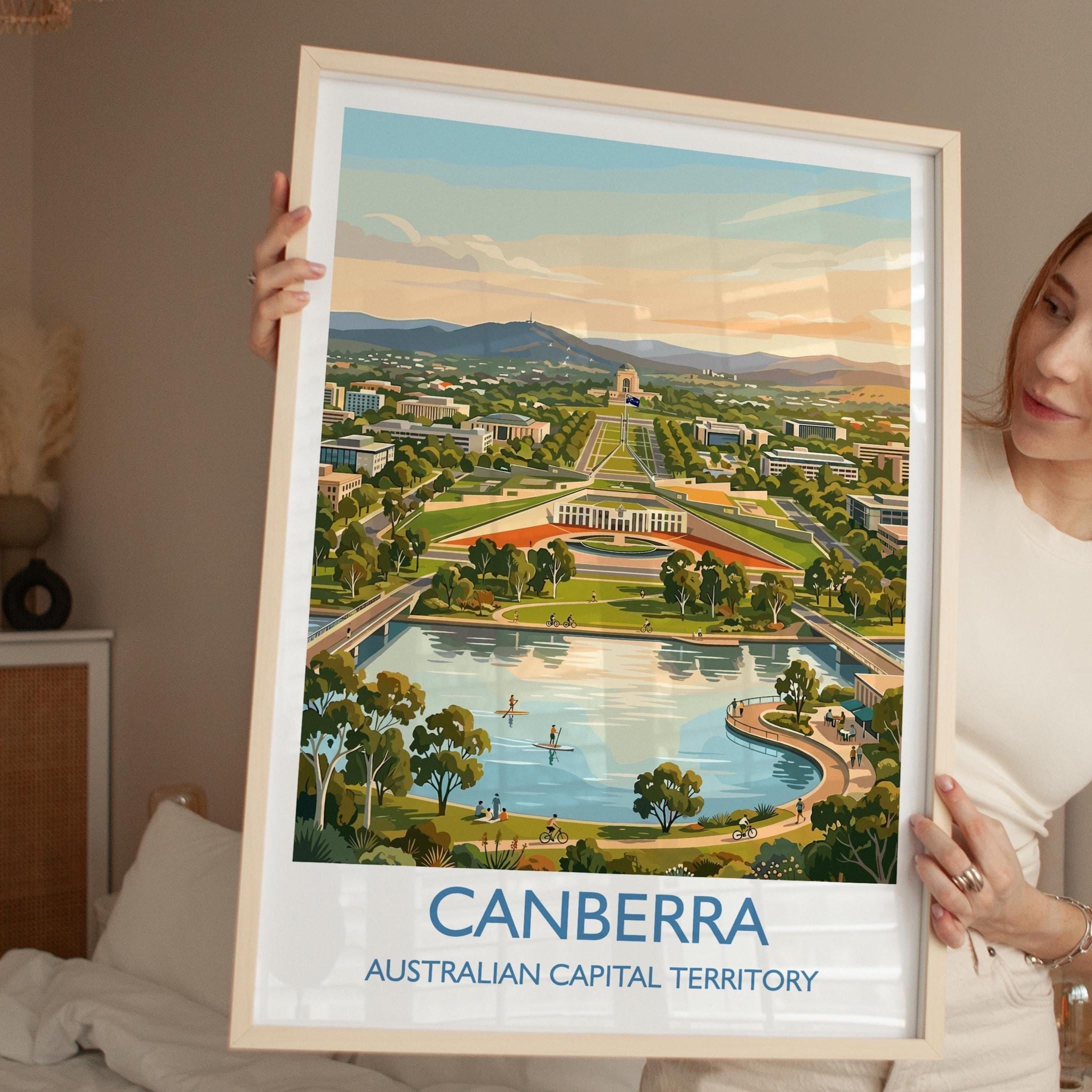 Canberra Australia Travel Poster, Parliament House Wall Art, Australian Capital City Print, Lake Burley Griffin Illustration, Australia Art
