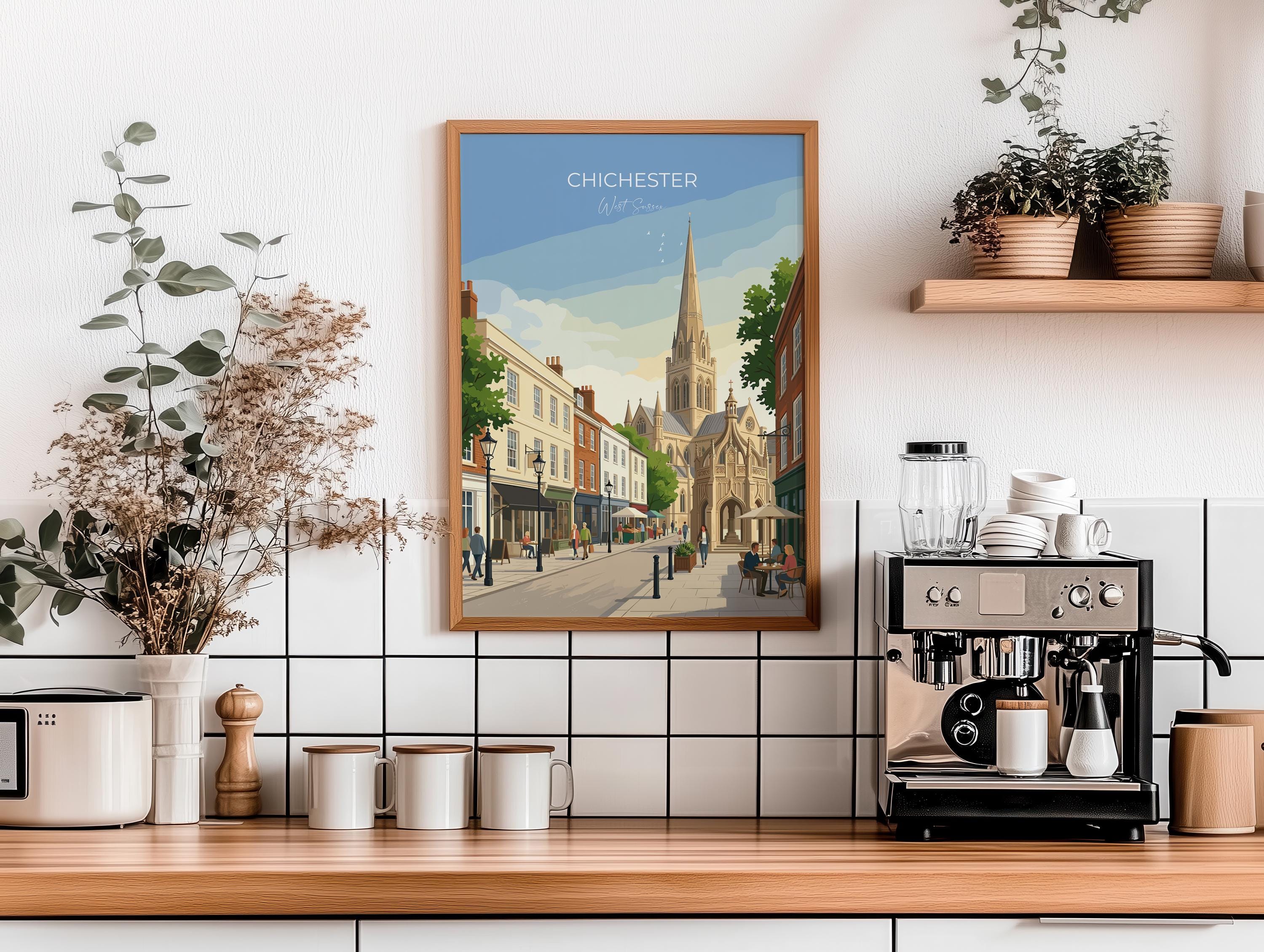Chichester Cathedral Travel Print, Chichester High Street Clock Tower Wall Art, West Sussex City Poster, Historic England, Vintage Style UK