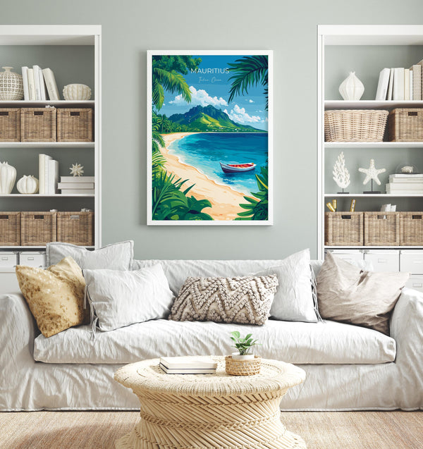 a living room with a white sofa, a coffee table, and a framed poster of a tropical beach scene hanging on the wall.