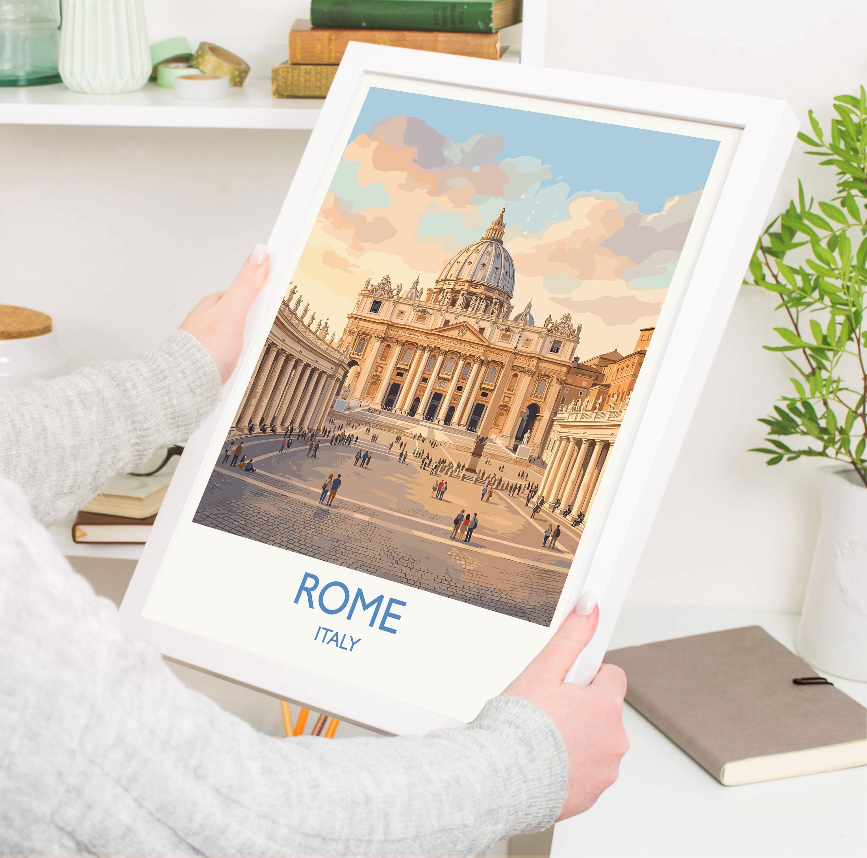 Rome St Peters Basilica Travel Poster, Vatican Skyline Wall Art, Tiber River View Print, Historic Cityscape Illustration, Italy Decor