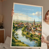 Shrewsbury Travel Print, River Severn Wall Art, Shrewsbury Town Poster, Historic Church Illustration, Shropshire Landscape, UK Decor