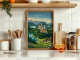 Bavarian Alps Travel Print, Neuschwanstein Castle Wall Art, Bavaria Germany Poster, Alpine Mountain Landscape Illustration, Europe Decor