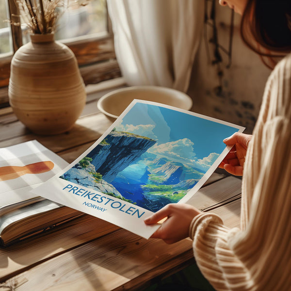 Preikestolen Travel Print, Travel Poster of Fjords, Norway Poster, Preikestolen Art Gift, Norway Art Lovers Travel Gift