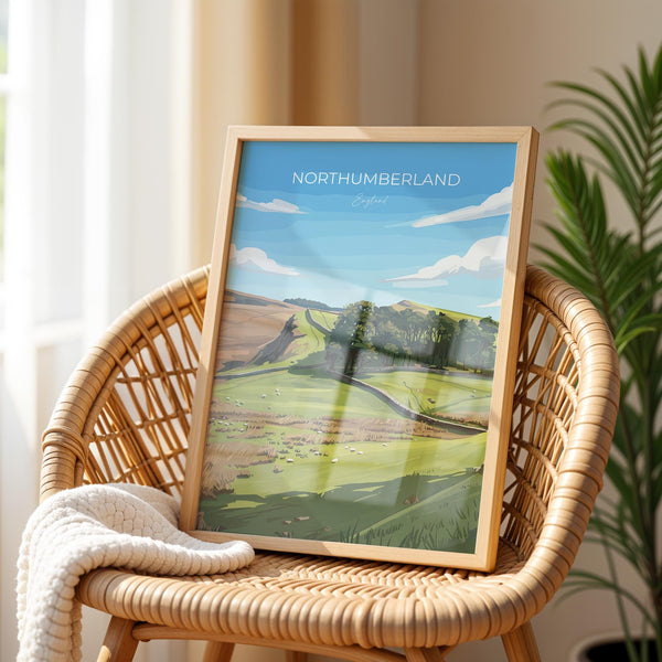 Northumberland Travel Poster, Travel Print of Northumberland Countryside, Hadrians Wall, England, Housesteads Fort Art, Wall Art Print