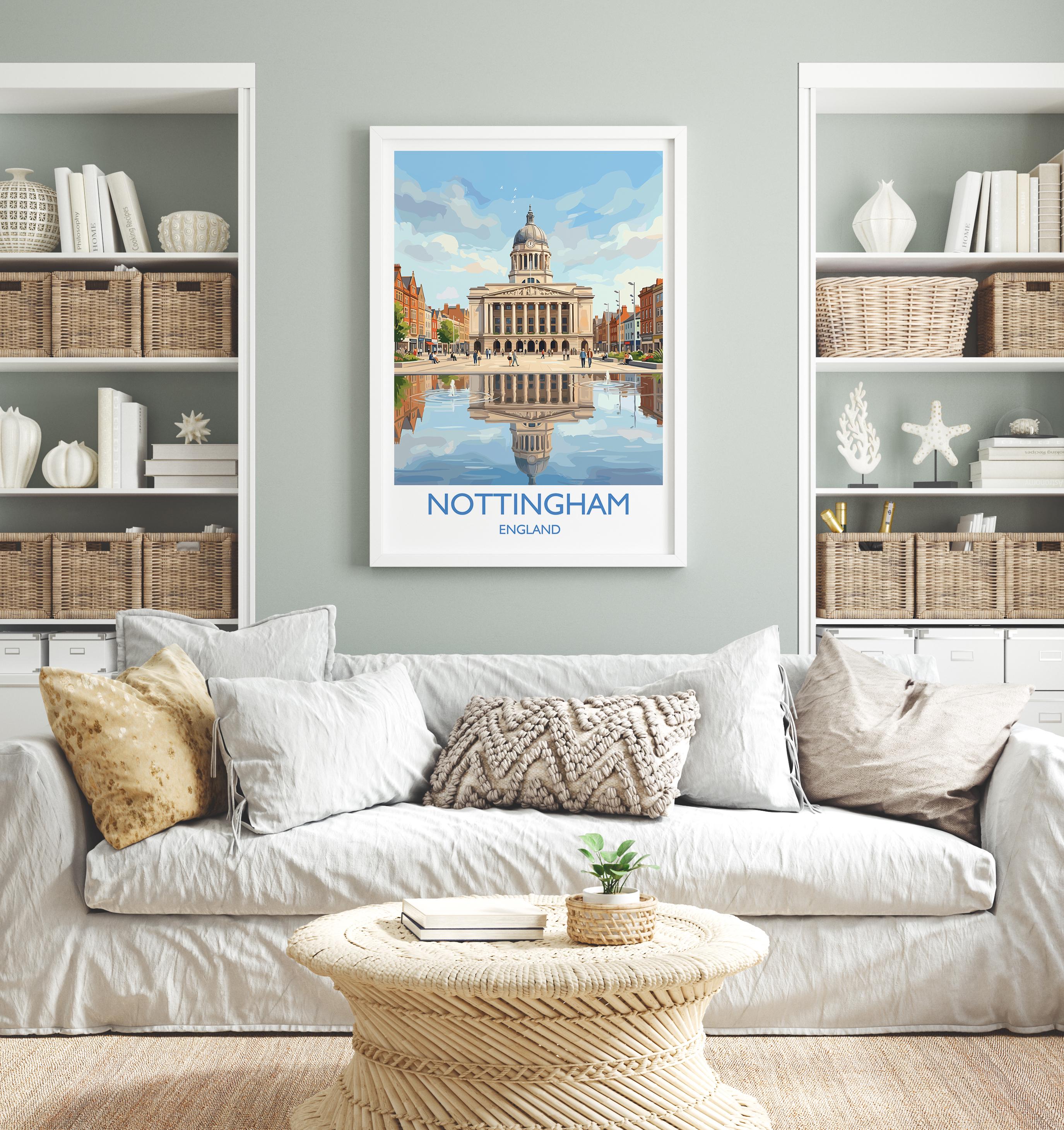 Nottingham Travel Poster, Exchange Building Wall Art, Old Market Square Print, Nottingham City Illustration, UK City Decor, Nottingham Gift