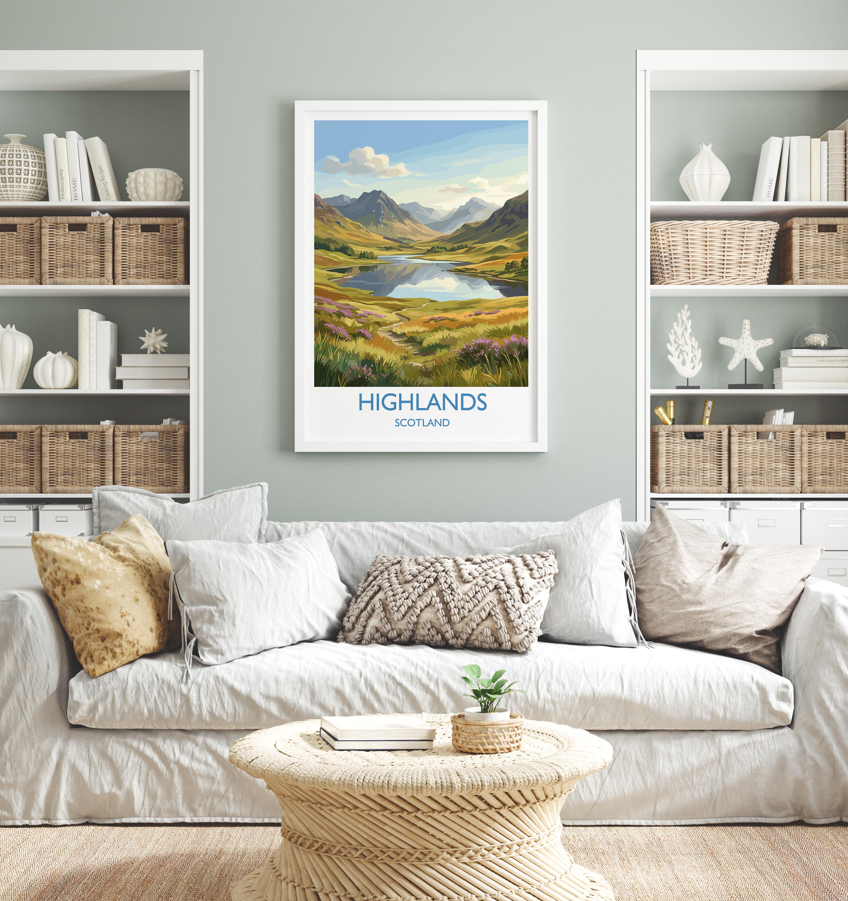 Scottish Highlands Travel Poster, Scotland Landscape Wall Art, Mountain & Loch Print, Dramatic Nature Illustration, UK Decor, Scotland Gift
