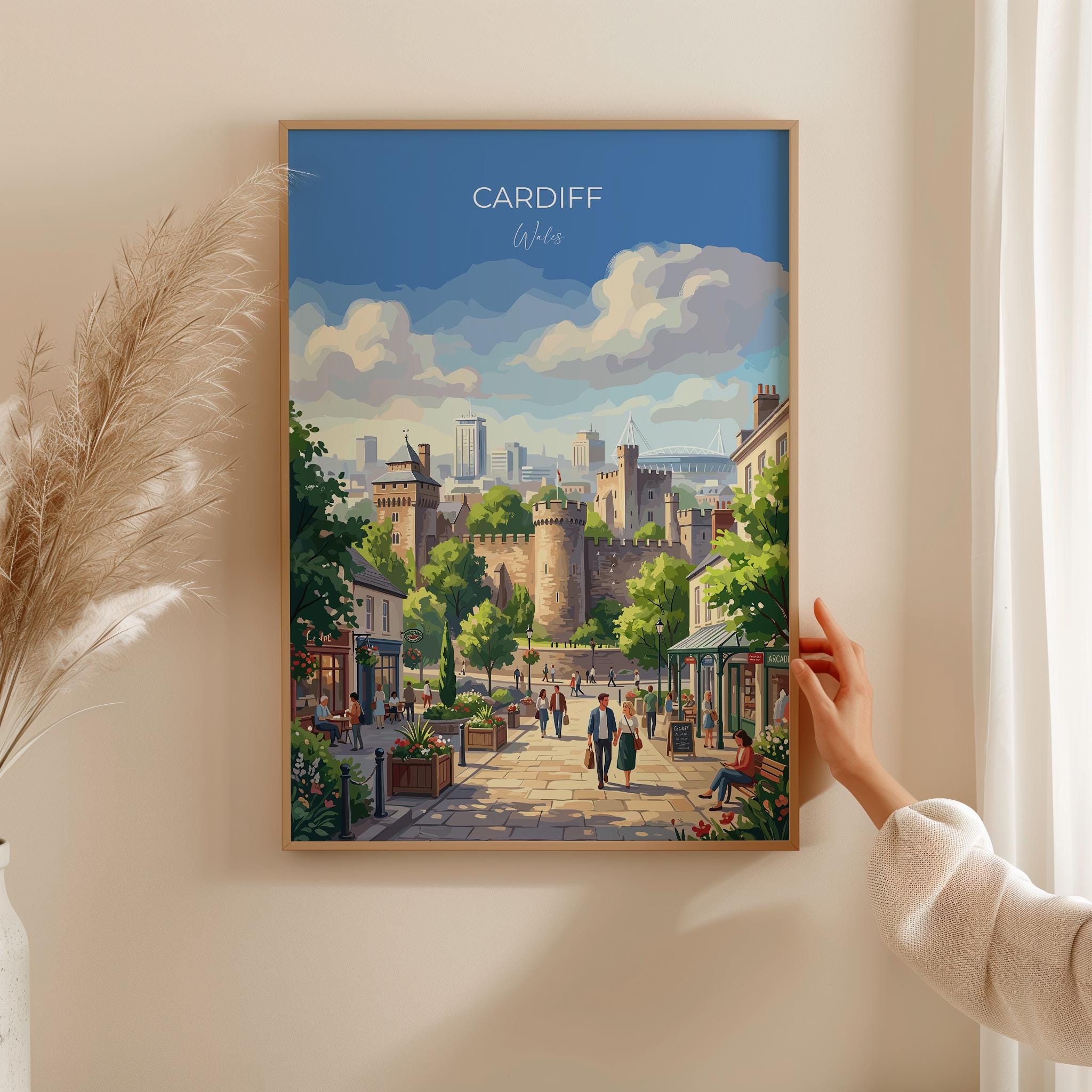 Cardiff Wales Travel Print, Cardiff City Wall Art, Cardiff Castle Poster, Welsh Capital Illustration, Vintage Style UK City, Wales Gift NQ Media Designs