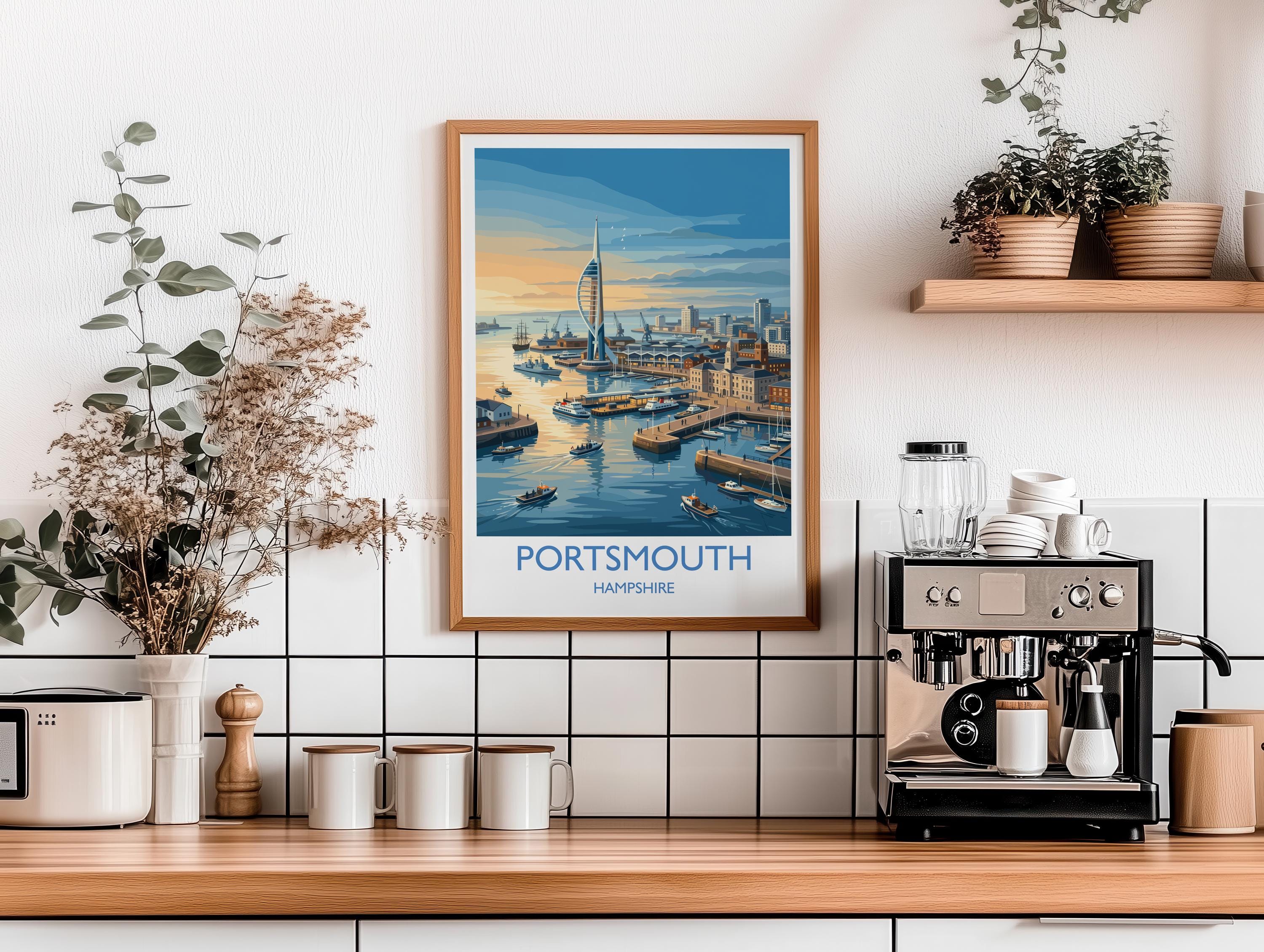 Portsmouth Travel Poster Print, Southsea & Spinnaker Tower Wall Art, Hampshire Coastal City Illustration, UK Travel Decor, Seaside Gift