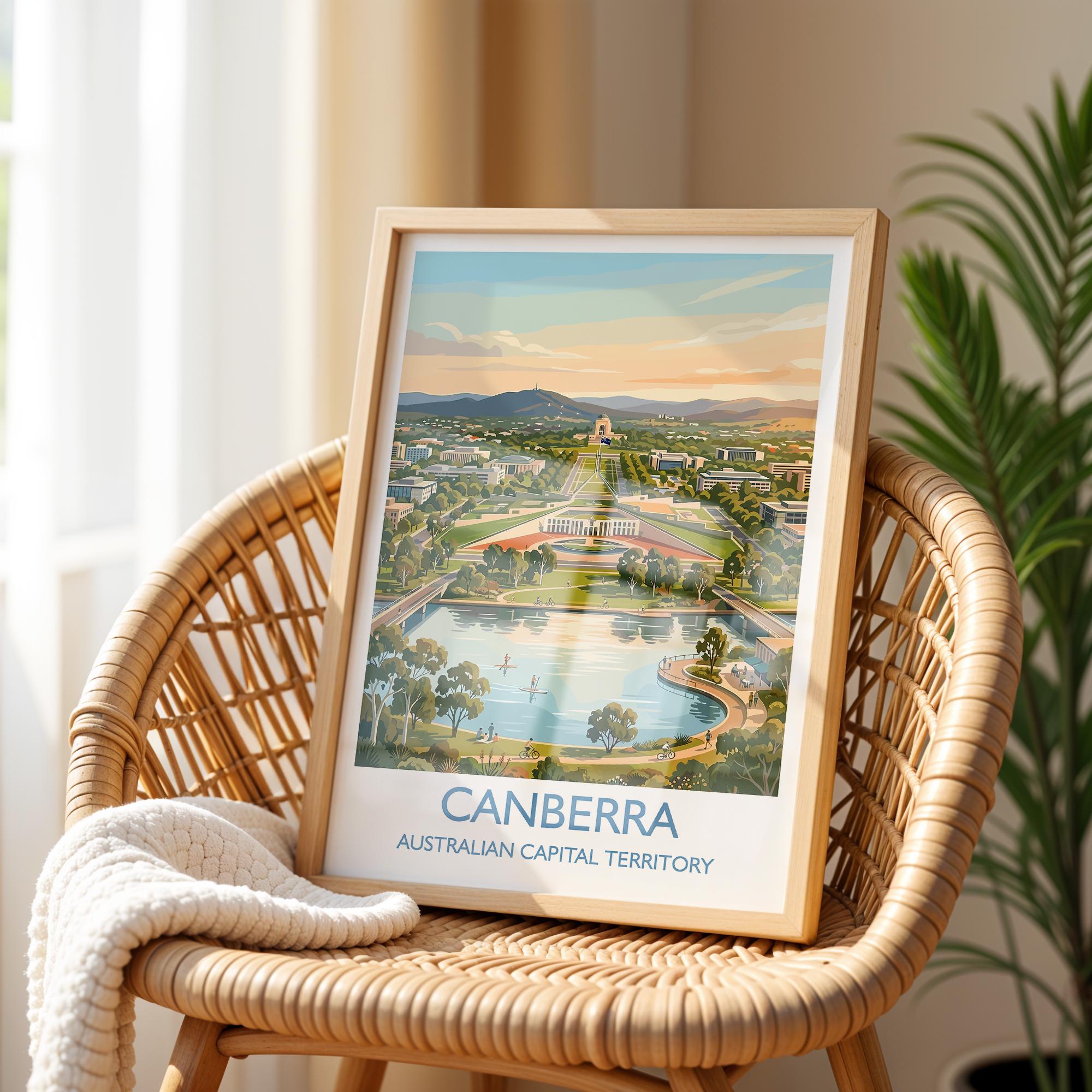 Canberra Australia Travel Poster, Parliament House Wall Art, Australian Capital City Print, Lake Burley Griffin Illustration, Australia Art