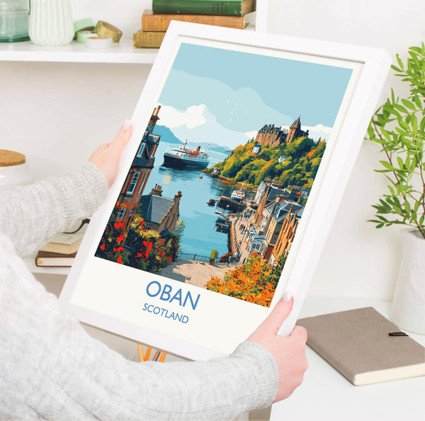 Oban Wall Art Print – Scenic Scotland Travel Poster, Harbour & Coastal Illustration, Gift for Travel Lovers