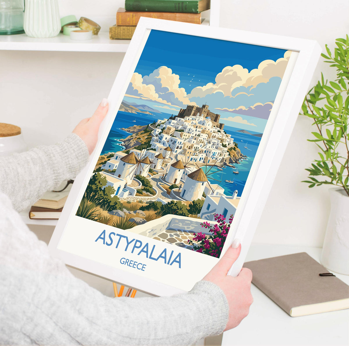 Astypalaia Greece Print, Chora Windmills Wall Art with Border, Greek Island Poster, Dodecanese Travel Print, Astypalaia Gift Print