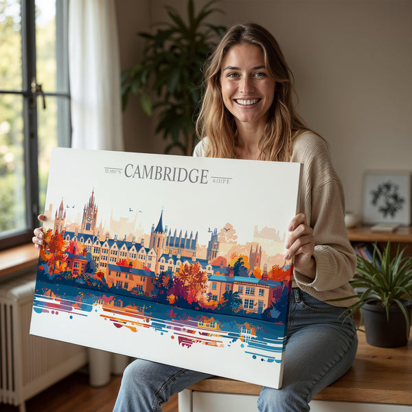 Cambridge Travel Print Skyline Wall Art Landscape, Travel Poster of Cambridge, Cambridge Art Lovers Gift, England Horizontal Art Gift