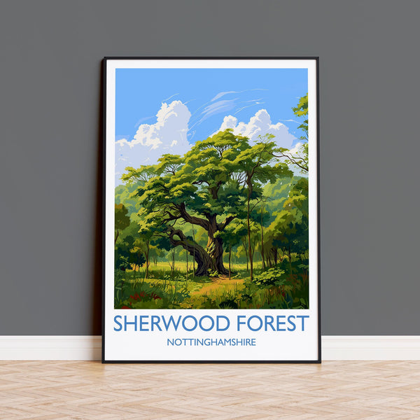 Sherwood Forest Travel Poster Wall Art, Travel Print of Sherwood Forest, Major Oak, Nottinghamshire, England Countryside Art Lovers Gift