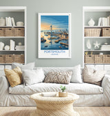 Portsmouth Travel Poster Print, Southsea & Spinnaker Tower Wall Art, Hampshire Coastal City Illustration, UK Travel Decor, Seaside Gift