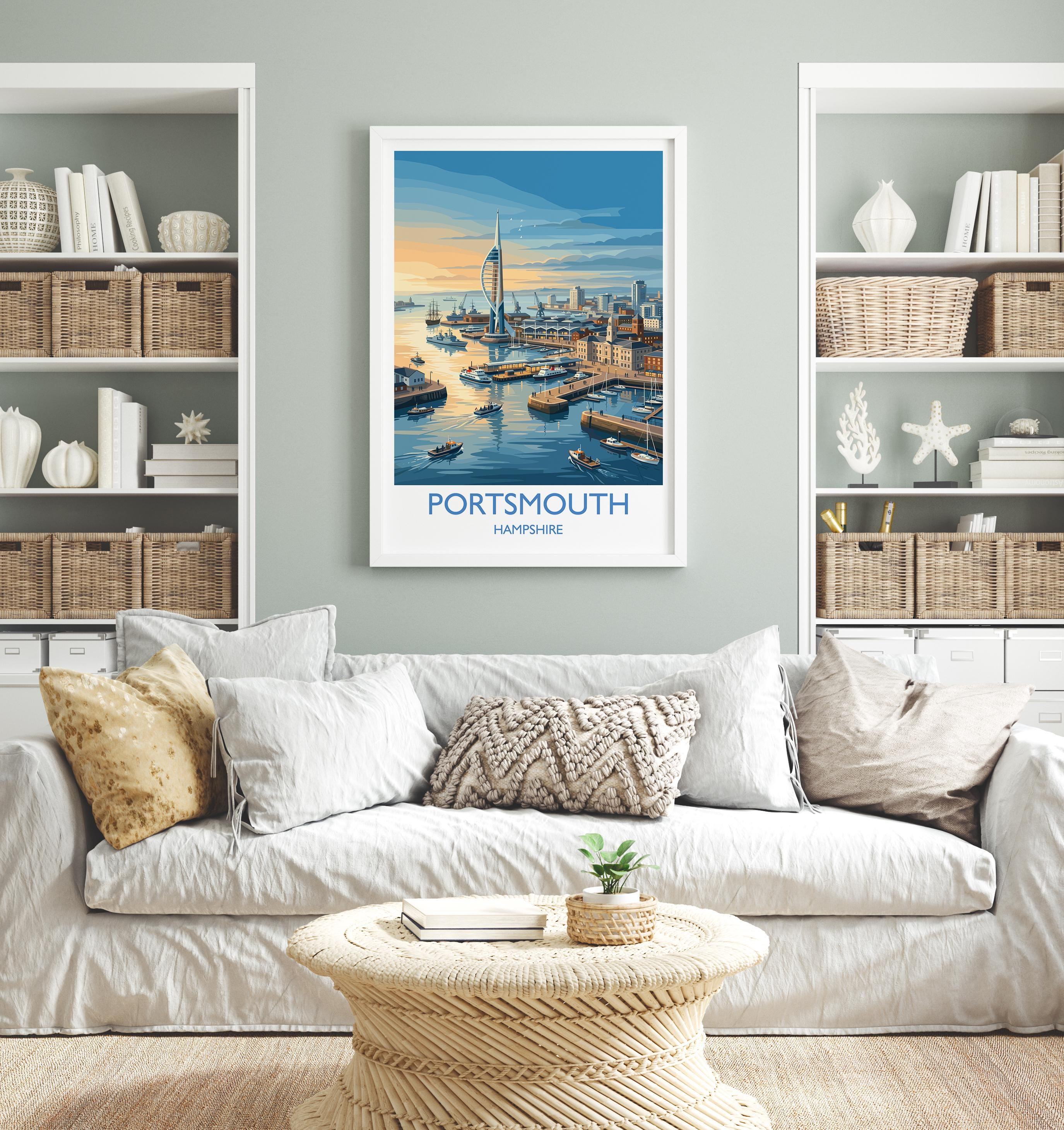 Portsmouth Travel Poster Print, Southsea & Spinnaker Tower Wall Art, Hampshire Coastal City Illustration, UK Travel Decor, Seaside Gift